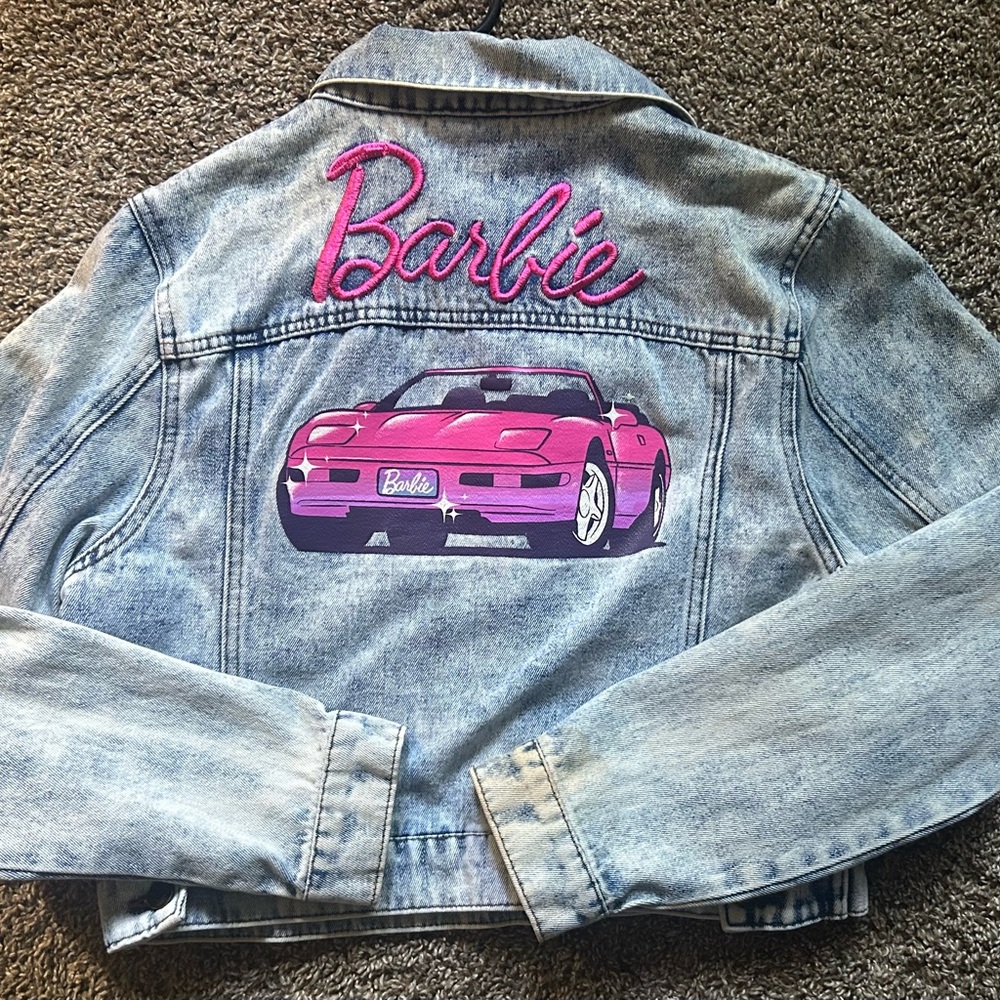Barbie women’s Jean Jacket - Light Blue with Pink Car Design